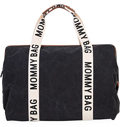 Childhome, Mommy Bag, Wickeltasche, Kliniktasche, Reisetasche, großes Fassungsvermögen, Wickelauflage, verstellbarer Schultergurt, unterteilt, Isoliertasche, Durchgang für Koffer, Schwarz, Signature