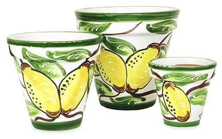 Verano Spanish Ceramics Outdoor Living Terracotta Hand Painted Fruit Lemons Classic Pots - Decorative New Home Garden Yard Patio Gardening Herb Flower Plant Pots - Set of 3-16x14, 23x22, 29x27cm