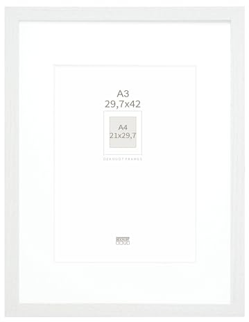 Deknudt Frames Bilderrahmen mit Passepartout - Weiss - S66KF1 P1 29,7x42cm für Bild 21x29,7cm - A3 - A4 - Bilderrahmen Holz MDF - Bilder aufhängen oder ausstellen | 1 Ansicht: Größe des Rahmens A3 – 29,7 x 42 cm, MDF-Holz zum Aufhängen