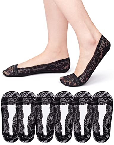 MELLIEX 6 Paar Füßlinge Damen, Unsichtbare Ballerina Socken mit Rutschfest Silikon Atmungsaktiv Spitze Söckchen
