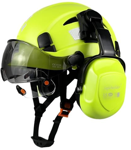 SAFEBUILDER Casque de sécurité de Construction avec visières Transparentes et teintées, Protection auditive, pour ingénieur (Casque Vert Fluo avec visière Transparente et teintée et Cache-Oreilles)