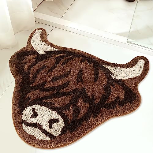 Percozzi Highland Cattle getufteter Teppich, Badematte, schottisches langes Horn, Flauschige Kuh, Badezimmer, Duschmatte, Weichheit, Badematte, ästhetischer Bodenteppich für Küche, Schlafzimmer,