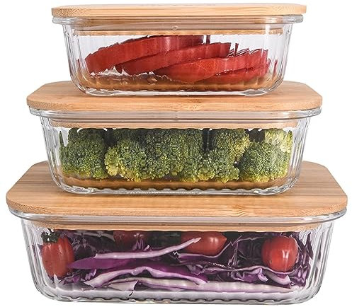 PIE LOCK Frischhaltedosen mit Deckel 3tlg - Glas Brotdosen Set Aufbewahrungsbox Küche Vorratsdosen mit Deckel aus Bambus (Rechteckig)