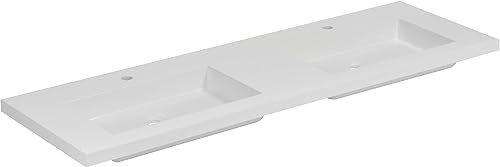 Saqu Straight Waschbecken Mineralmarmor 160x51 cm - 2 Becken Glänzend weiß - Waschbecken für Unterschrank, Waschtisch für Badmöbel Set