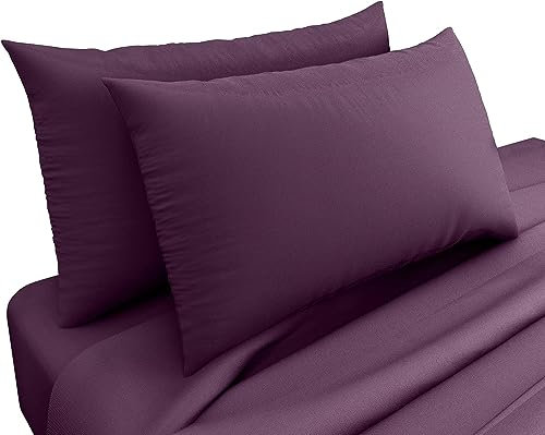 Deep Fitted Sheet 25cm - Plain Dyed Non Iron Polycotton Fitted Bed Sheet Mattress Cover - Elasticated Deep Pocket (Pair of Pillow Cases Only, Plum)