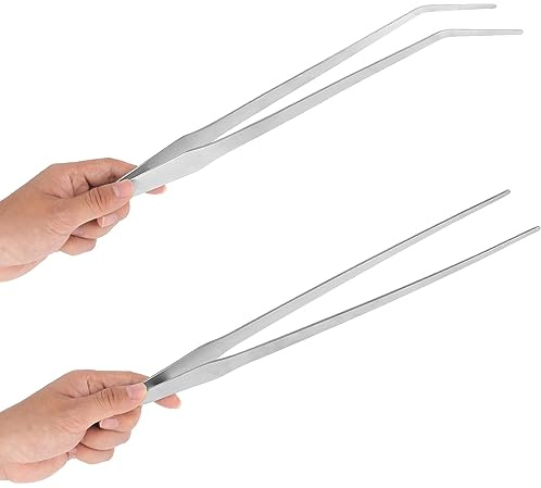 Aquarium Tweezers Extra Long 15 inches Feed Tong clamps - FEITA Straight and Curved Stainless Steel 38cm Tweezers Set for Fish Tank Plants Aquascape Tools & Reptile Feeding Tongs - Sliver 2Pcs