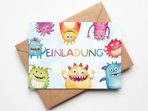 Paperlane by Essi Monster Einladungskarten - Monster Geburtstag - inkl. Umschläge (10er Set Einladungskarten, Monster)