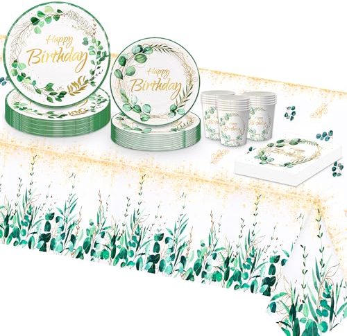 TOPWAYS Sauge Vert Eucalyptus Anniversaire Assiette Jetable Decoration, Papier Assiette Jetable Gobelets Serviette Nappe pour Fête Anniversaire Fille Garçon Fille Femmes Party Decoration(20 Invités)