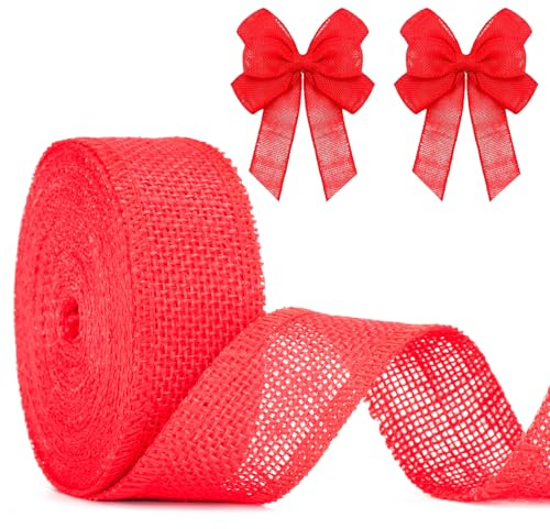 jijAcraft Juteband 4cm Breit, 10M Burlap Vintage Geschenkband, Sackleinen Decoband für Handwerk, Hochzeitdeko, Weihnachten, Herbstkranz - Rot
