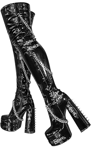 blingqueen Damen Overknee Plateau Blockabsatz Stiefel Punk Boots Zipper Metallic Schwarz 39 EU