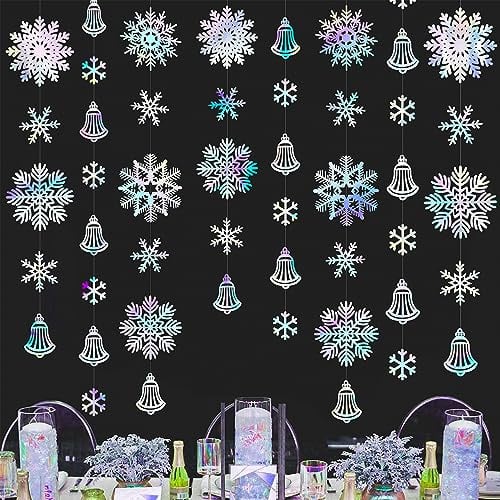 40Fuß Schneeflocken-Partydekorationen Schillernde Glockengirlande Holografische Große Schneeflocken Hängende Luftschlange Hintergrund für Winterwunderland Weihnachten Urlaub Zuhause Fenster Wand Decor