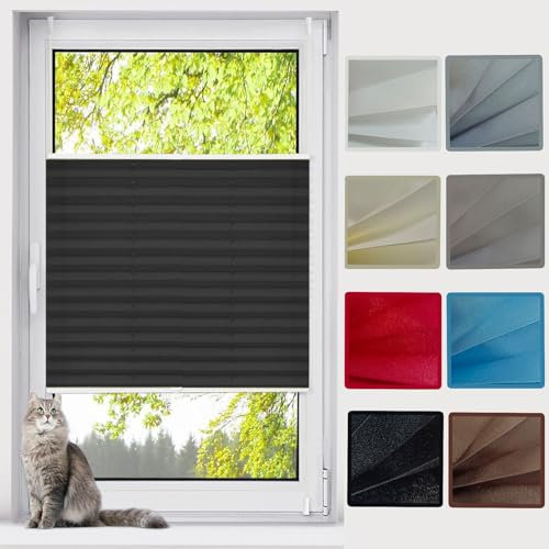 Plissee Klemmfix ohne Bohren 85 x 220 cm ohne Bohren Verdunklung Thermo Jalousie Rollos für Fenster und Tür, Blickdichtes Falt-Rollo, für Fenster & Tür, Schwarz