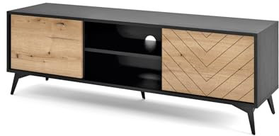 Selsey Boulia - TV-Lowboard Schwarz mit Fischgrätfronten in Eiche, 154 cm