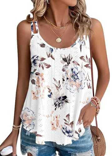 WNEEDU Tops sans Manches débardeur d’été Femmes Gilet de Cou Chemisiers décontractés lâches Chemises pour Femmes Gilets pour Dames Chemise Caraco débardeurs de Base Fleur Blanche M