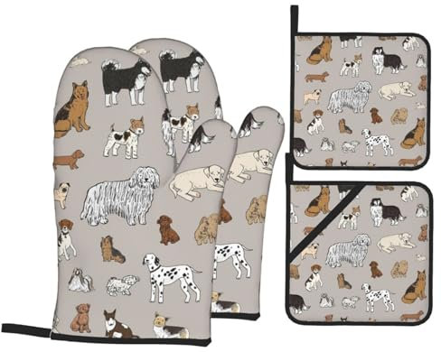Ofenhandschuhe Topflappen Set Süße Hunde Tier Beige Topfhandschuhe Mit Innere Baumwollschicht Druck Grillhandschuhe, Für BBQ, Grillen