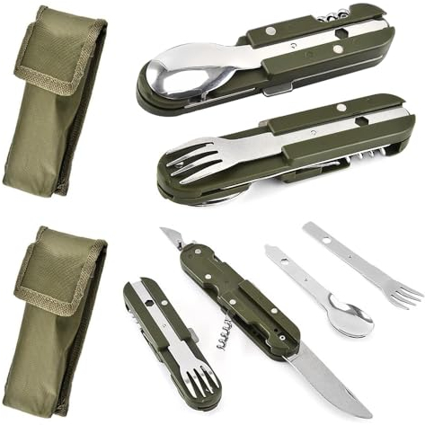 Aoreun 2PCS Vajilla Plegable Multifuncional,6 en 1 Vajilla de Camping de Acero Inoxidable,Juego de Cubiertos para Acampar,Cubiertos al Aire Libre portátil para Exteriores Viajes Camping