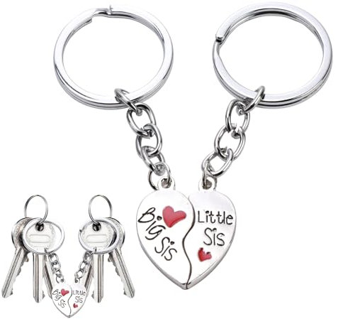 Hioip 2 Stück Schlüsselanhänger Schwester mit Gravur, Geschenk Schlüsselanhänger Herzanhänger, Big Sis und Little Sis Schlüsselbund, Silber Edelstahl Schlüsselbund, Keychain Gift für Frauen
