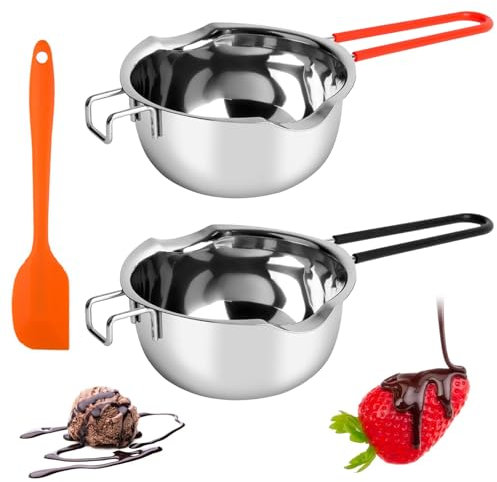 Geoyien Bol de fusion, 2 Fondant au chocolat, Pot de fusion en inox, Bain marie, Avec 1 grattoir en silicone, pot de chauffage, poignée anti-brûlure, pour la pâtisserie, le chocolat, le beurre (400ml)