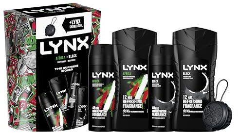 LYNX Africa & Black The Deodorant Gift Set Shower Tool, 2x Body Wash & 2x Body Spray perfect for his daily routine 4 piece