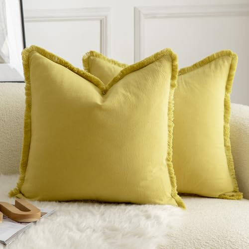 Mandioo 2er Set neutralen Baumwolle Quasten Kissenbezug 45x45cm Dekorative Kissenbezüge Dekokissen Boho Sofakissen Kissenhülle für Couch Sofa Schlafzimmer Wohnzimmer Heimdekoration Senfgelb