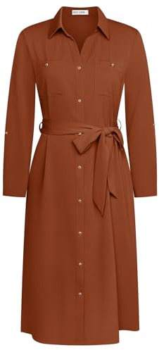 GRACE KARIN Damen Business Büro Kleid Langarm Kleid 2024 Revers Gerades Kleid mit Gürtel Orange Farbe XL