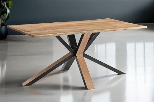 SAM Baumkantentisch 140 x 80 cm Miami, Akazienholz massiv + naturfarben, Esstisch mit schwarzem Spider-Gestell aus Metall & Holz-Außenseite, echte Baumkante, pflegeleichter Esszimmertisch