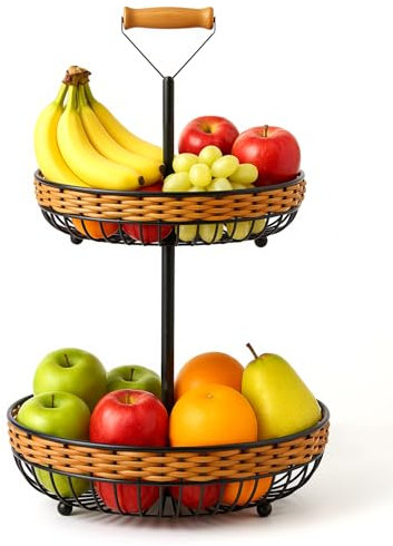LEEJARD 2-stöckiger Obstkorb aus Synthetic Rattan mit abnehmbarer Obstschale, die auch separat verwendet werden kann (Schwarz, H:45 Dm:29 cm | 2-Stöckiger) (Schwarz + Rattan Gelb)