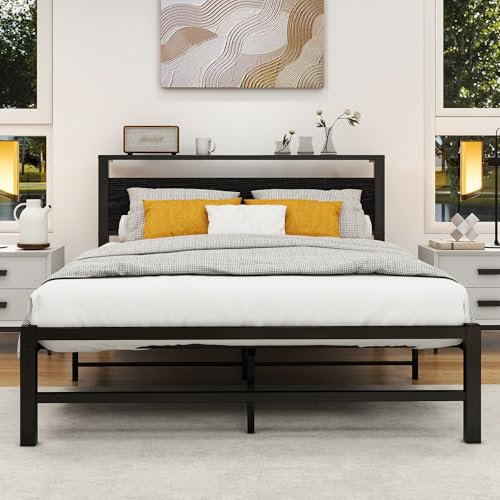 VERFARM Metallbett Bettrahmen mit Holz Lagerung Kopfteil, Bettgestelle mit Lattenrost für Schlafzimmer Gästezimmer, Einfache Montage, Rauschfrei, Schwarz, 120 x 200 cm