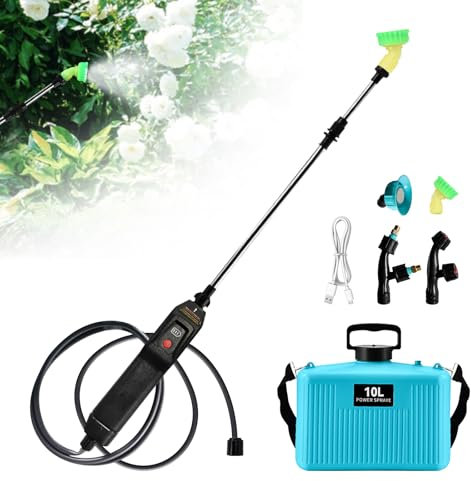 Spruzzatore a zaino alimentato a batteria, 10 l, spruzzatore elettrico con 4 ugelli per nebbia, manico ricaricabile USB, bacchetta retrattile, spruzzatore d'acqua portatile per prato, giardino