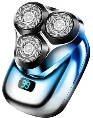 Mini Rasierer Elektrisch, Tragbarer Rasierer Herren Elektrischer, USB Kabellos Elektrorasierer, 3D Rotierende 3 Scherköpfe Barttrimmer, LED Rotationsrasierer, Tiefenreinigung Shaver Men (Blau)