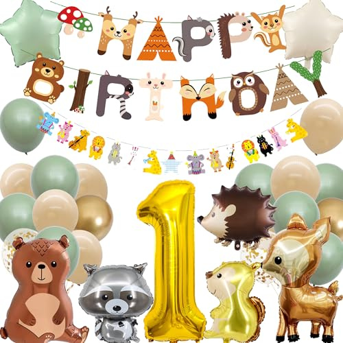 Deko 1. Geburtstag Mädchen Junge - Waldtiere Geburtstagsdeko mit Happy Birthday Girlande Tiere Luftballons, Safari Folienballons für Kindergeburtstag Dschungel Party Dekoration