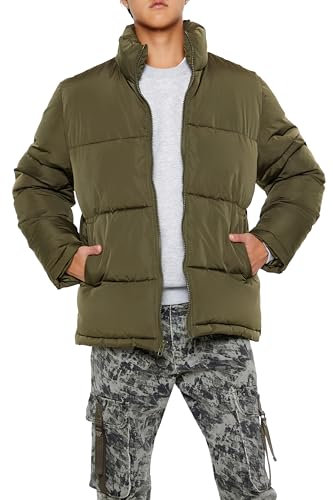 Forever 21 Men's Quilted Funnel-Neck Puffer Jacket Coat, Olive, M
