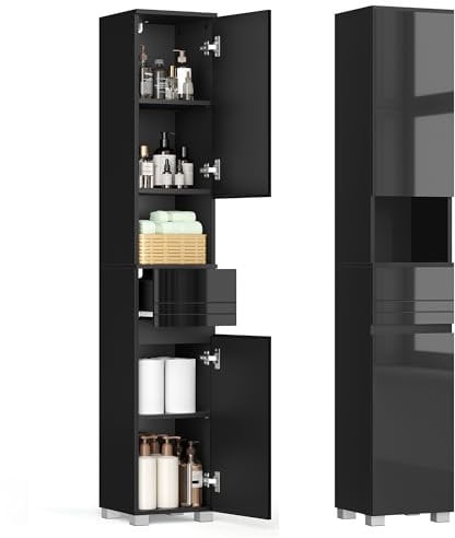 VASAGLE Armario de Baño, Mueble de Almacenamiento, con un Cajón, Compartimientos, Estantes Ajustables, 30 x 30 x 170 cm, Negro Tinta BBC560B01