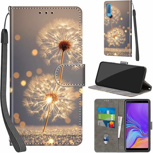 Handyhülle für Samsung Galaxy A7 2018 Hüllen Premium Leder Case Klappbar Wallet Magnet Kartenfach Standfunktion Schutzhülle kompatibel mit Samsung A7 2018 Cover,Löwenzahn