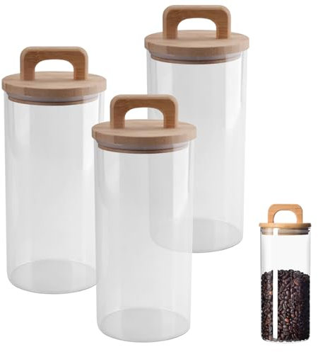 imposyu Lot de 3 Bocaux en Verre Hermétique Pot en Verre avec Couvercle Bocal en Verre avec Couvercle en Bambou 20x10x10cm Pour Thé, Café, Céréales, Haricots