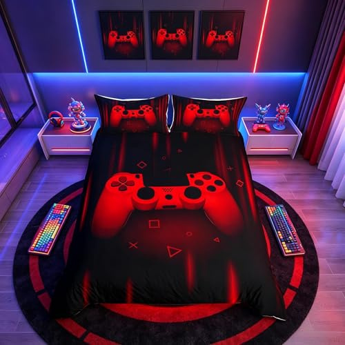 richhome Boys Gamer Duvet Cover Gaming Kids Video Games Bedding Set for Child Gamer Room Decor Super Soft Red Black Bed Cover Microfiber Game Geometric Bedding Bedclothes Gamer Gift Double