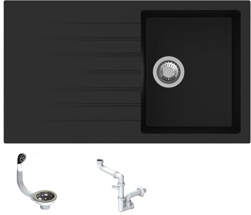 Fhuller Lavello da Incasso PTPL861GB, 86x50 cm, 1 Vasca con Gocciolatoio, Granito Nero