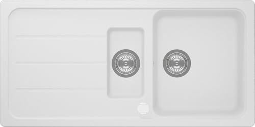 Respekta Austin Massivgranit Spüle 100 x 50 / Hitzebeständig/Abgeschrägte Abtropffläche/Einbau-und Unterbaumontage / 1,5 Becken/für Unterschränke ab 60 cm Breite/Weiß