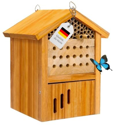 Insektenhotel Bienenhotel aus Holz – Wildbienen Nisthilfe mit Wachs-Beschichtung – Wasserdichtes Garten Dekohaus – Geschenkidee für Balkon & Garten – Für friedliche Bestäuber
