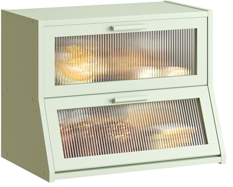 GHWIE Double Layer Bamboo Bread Box for Kitchen Counter,Large Capacity Bread Storage Bin,Bread Container with Acrylic Wavy Door Panel (Light Green, Medium)