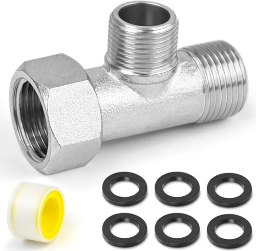 CONJURAIDE T Stück Wasseranschluss, Messing T Stück 3/8 Zoll Adapter 1/2 Zoll 3/8 1/2 Wasseranschluss Verteiler Adapter mit 2m Gewindedichtband und 6 Gummidichtung für Bad Garten Küche Waschmaschine