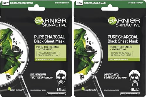 Garnier Pure Charcoal and Algae Sheet Mask, Purifying and Hydrating Face Mask With Hyaluronic Acid, LHA & Black Algae, Tightens Enlarged Pores & Purifies Skin, Vegan Tissue Mask, 28g (Pack of 2)