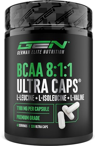 GEN GERMAN ELITE NUTRITION BCAA Ultra Caps 320 Gélules - Ratio 8:1:1 | 1100 mg par Gélule - Extra Haute dose & Pur - L-Leucine, L-Isoleucine, L-Valine - Acides Aminés Essentiels