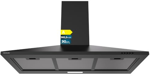 Cecotec Pyramiden-Dunstabzugshaube 90cm Bolero Flux PM 904000 Black A, 382,5 m³/h, Energieklasse A, BLDC-Motor, LED-Licht mit hoher Effizienz und innovativer Technologie für moderne Küchen