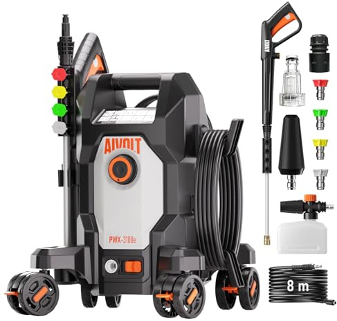 AIVOLT Idropulitrice ad Alta Pressione da 1800W, 170 Bar | con 5 Ugelli di Diversa Modalità, Tubo Flessibile da 7,6 Metri, Portata Massima 360 L/H, per Pavimenti, Finestre, Auto, ecc.