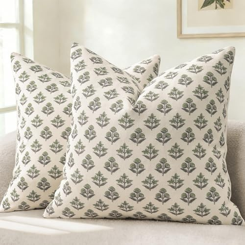 YCOLL Modernes Botanisches Vintage-Design Kissenbezug 40x40 2er Set Blumen Kissenbezüge, Sofakissen, Dekokissen für Sofa, Couch, Stuhl, Bett, Wohnzimmer Heimdekoration, Salbeigrün