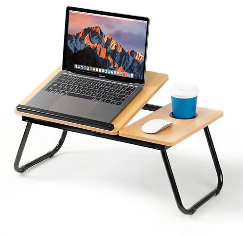 Mesa para Cama y Sofá - Plegable Bandeja para Cama con Tapa Ajustable y Portavasos, Mesa Cama Ordenador en Tablero MDF y Metal, 56x32x25 cm, Nuez Ligera
