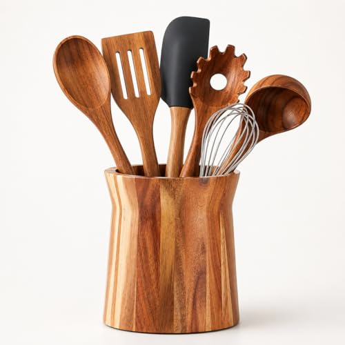 Générique Porte-ustensiles en bois pour comptoir, support à ustensiles de cuisine rotatif à 360°, grand pot en bois d'acacia de 18,3 x 15,2 cm, décoration de cuisine de ferme