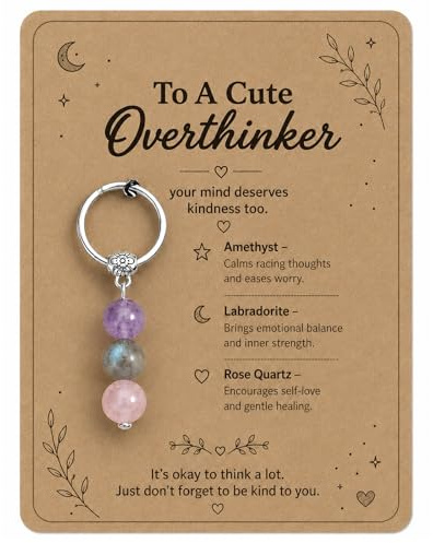 Virelle Crystal Keyrings for Women 3 in 1 Amethyst Labradorite Rose Quartz Key Chain with Inspirational Card for Overthinker Ladies Keyring Birthday Gifts for Women Friendship Gift (Card1)