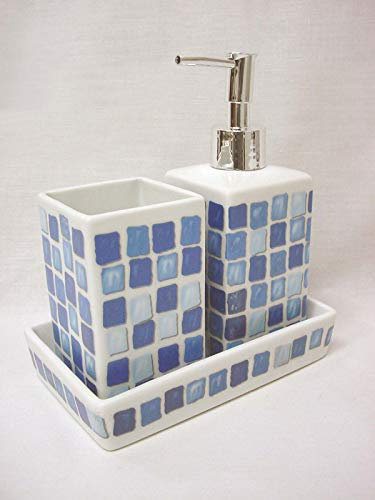 Juego 3 Piezas BAÑO Accesorios SOBREMESA Lavabo Porcelana DOSIFICADOR 280ML Vaso BAÑO Bandeja Mosaico Azul